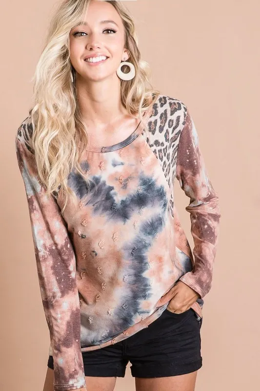 Tie Dye Distressed Knit Top with Leopard Shoulder