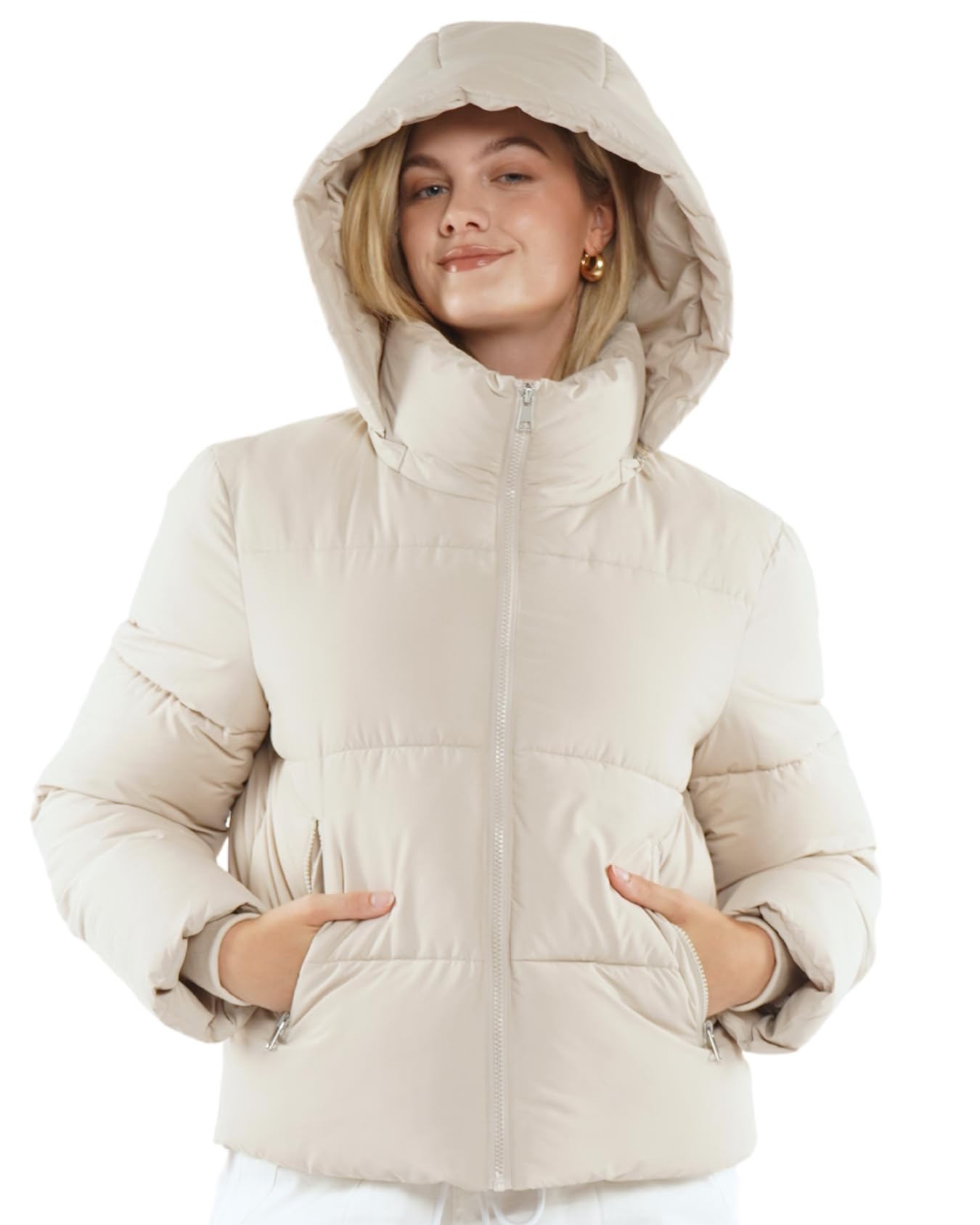 WarmCore Premium Short Puffer Jackets with Removable Hood & Optional Faux Fur Linging, Lady Casual Outerwear Longsleeves Zip Pockets Warm Quilted Coat