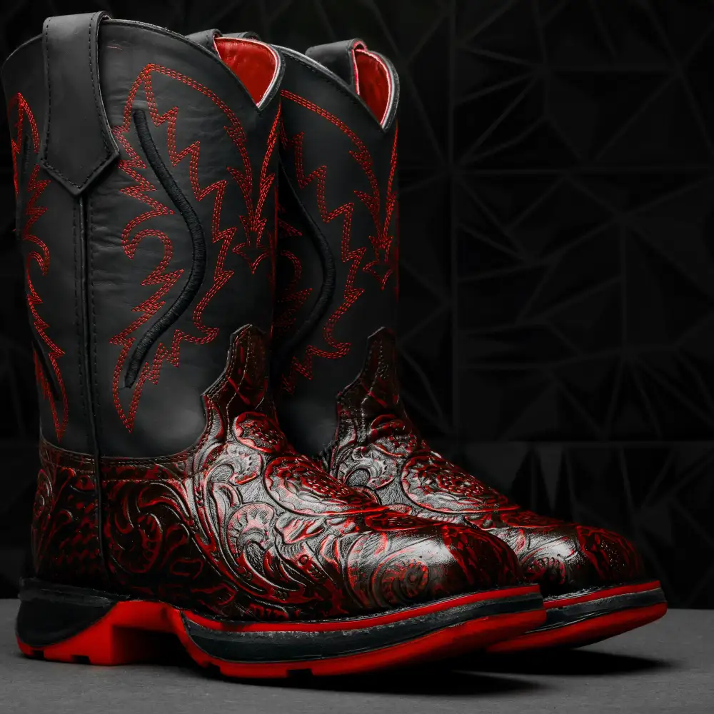 Black Cherry Hand-Tooled Leather Boots With 3D Lightweight Sole - Composite Toe