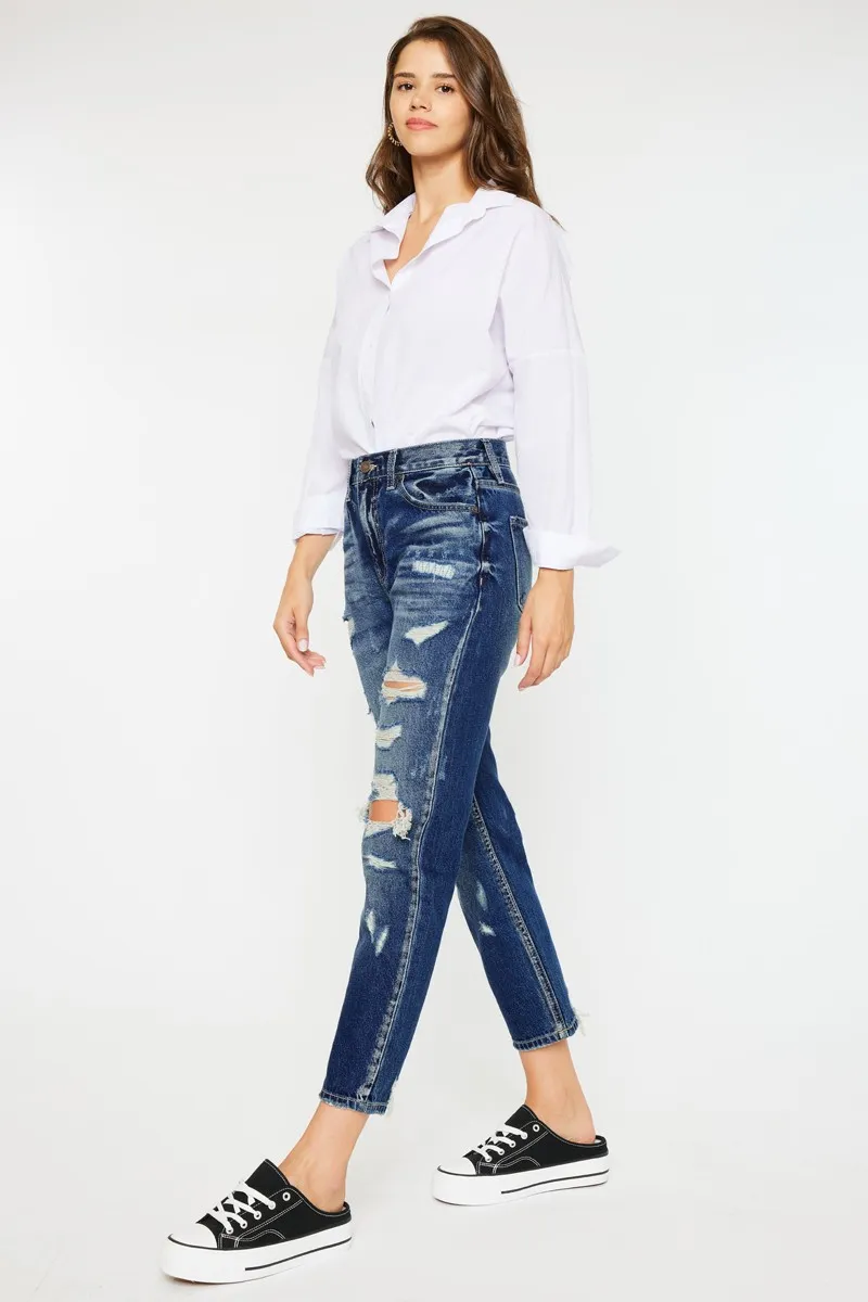 High Rise Distressed Mom Fit Jeans