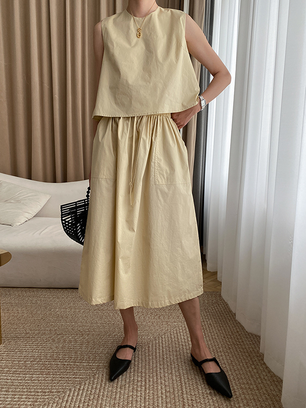 Solid Color Round-Neck Vest + High Waisted  Skirt Two Pieces Set