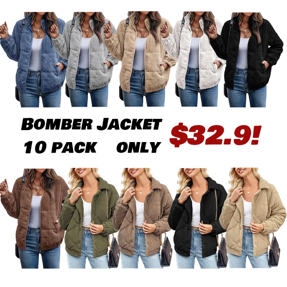 Women's Bomber Jacket Corduroy Ribbed Quilted Zip Up Long Sleeve Winter Coat Fall Outerwear Tops with Pockets