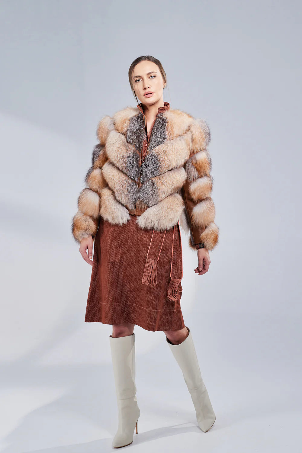 Haină din Blană Naturală de Vulpe, V Model, Transformabilă, Femei, Brown Frost 275