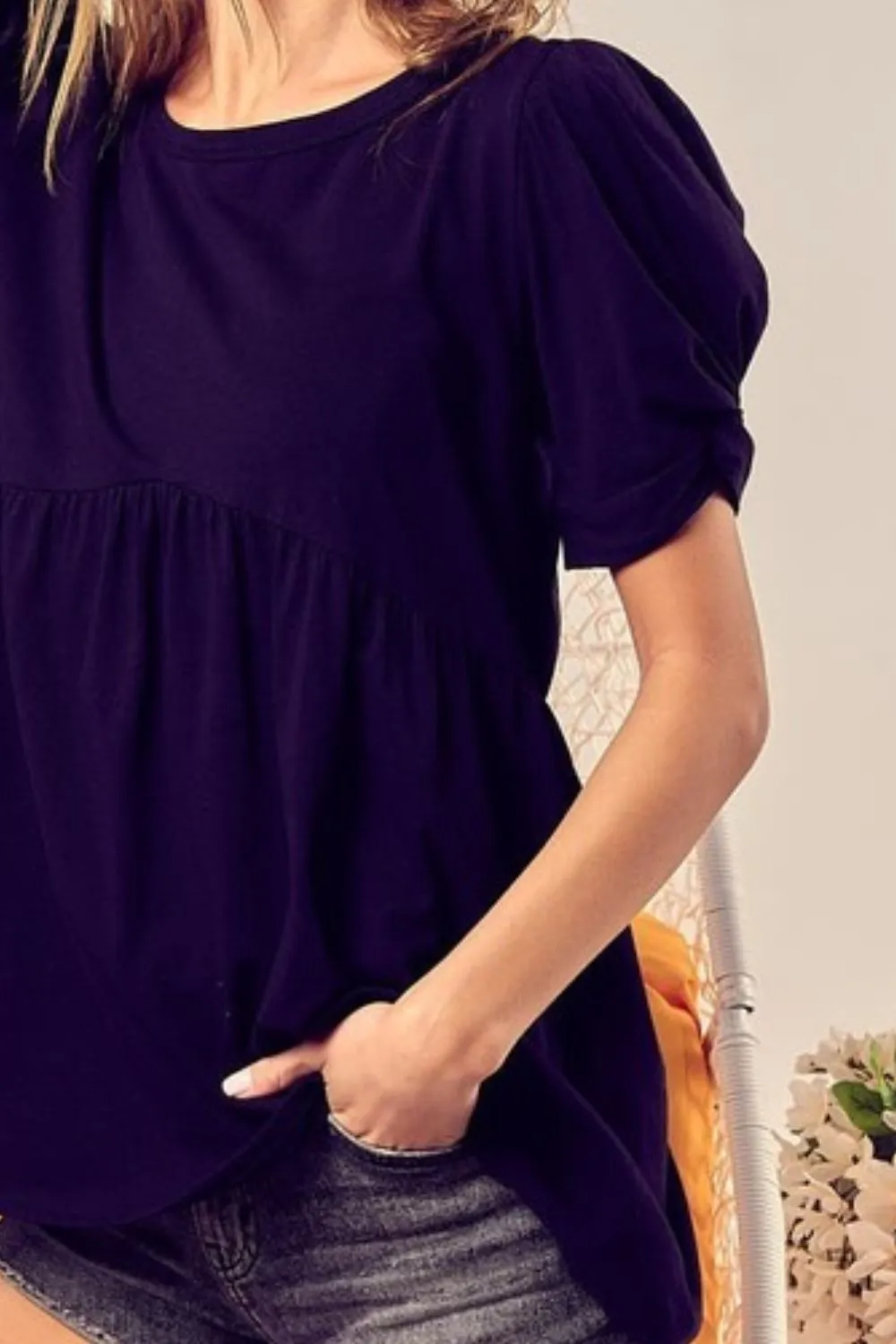 Cotton Span Knit With Puff Sleeve Baby Doll Top