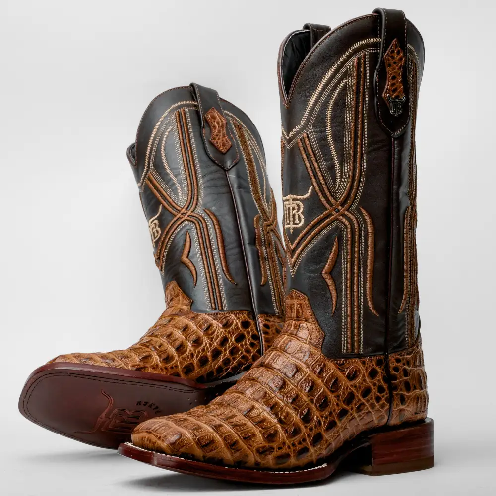 Honey Caiman Hornback Leather Boots - Square Toe
