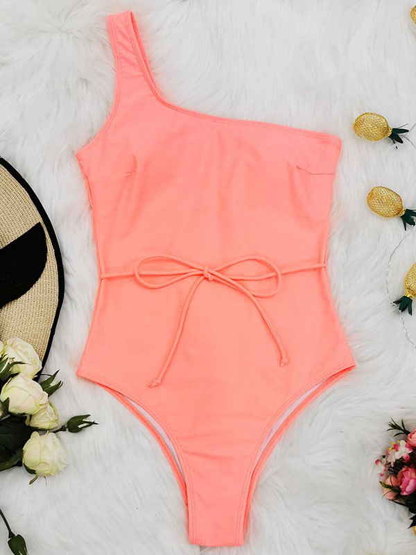One-Shoulder Belted Chinlon One-Piece Swimwear
