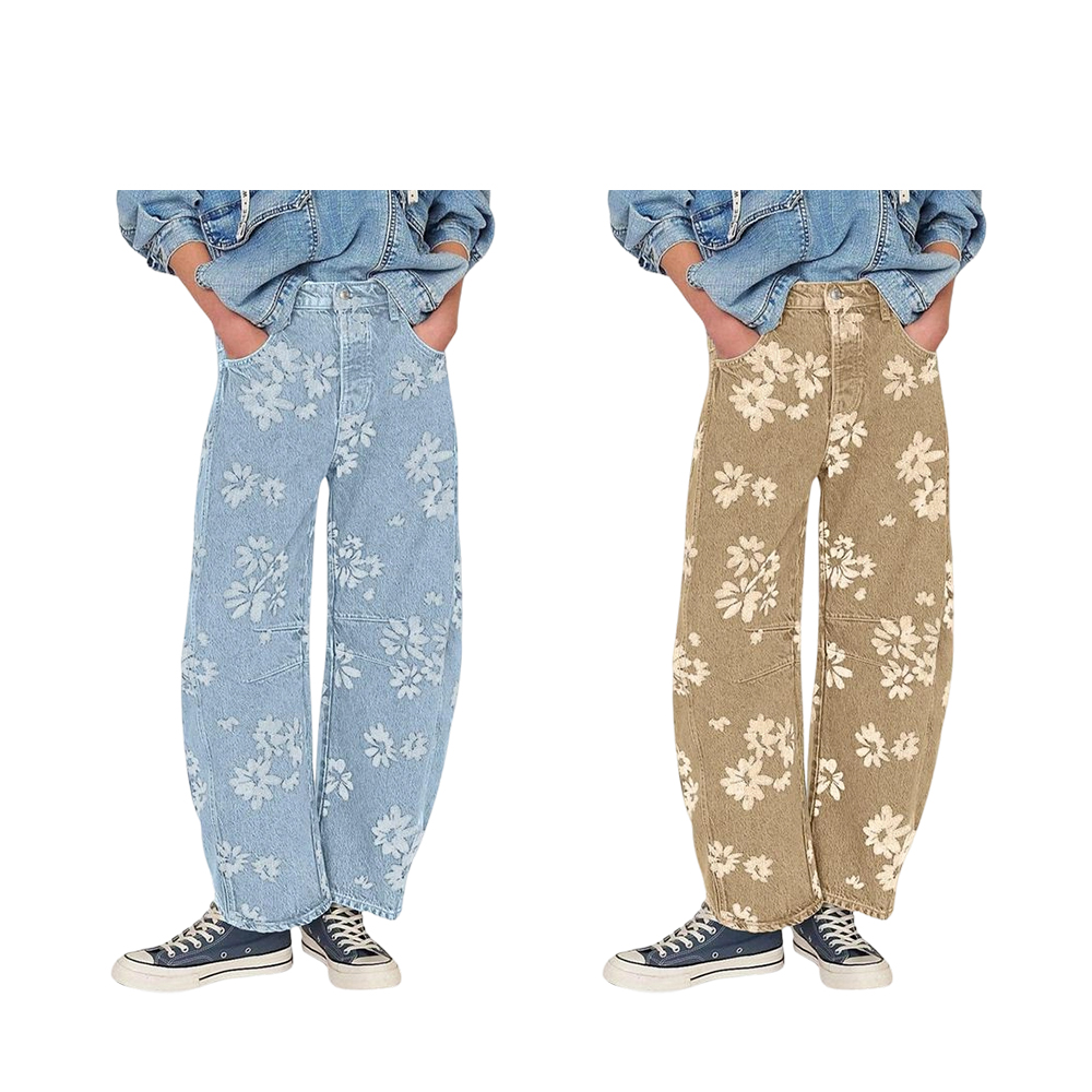 Women's Simple Floral Jeans Y2K Loose Wide-Leg Jeans Boyfriend Style Printed Stitching Jeans
