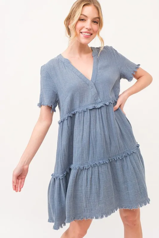 Washed Frayed Detail Tiered Dress