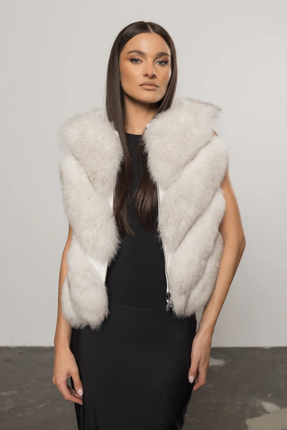 Haină din Blană Naturală de Vulpe Polară, Transformabilă, V Model, cu Glugă Detașabilă, Femei, Natural White 402