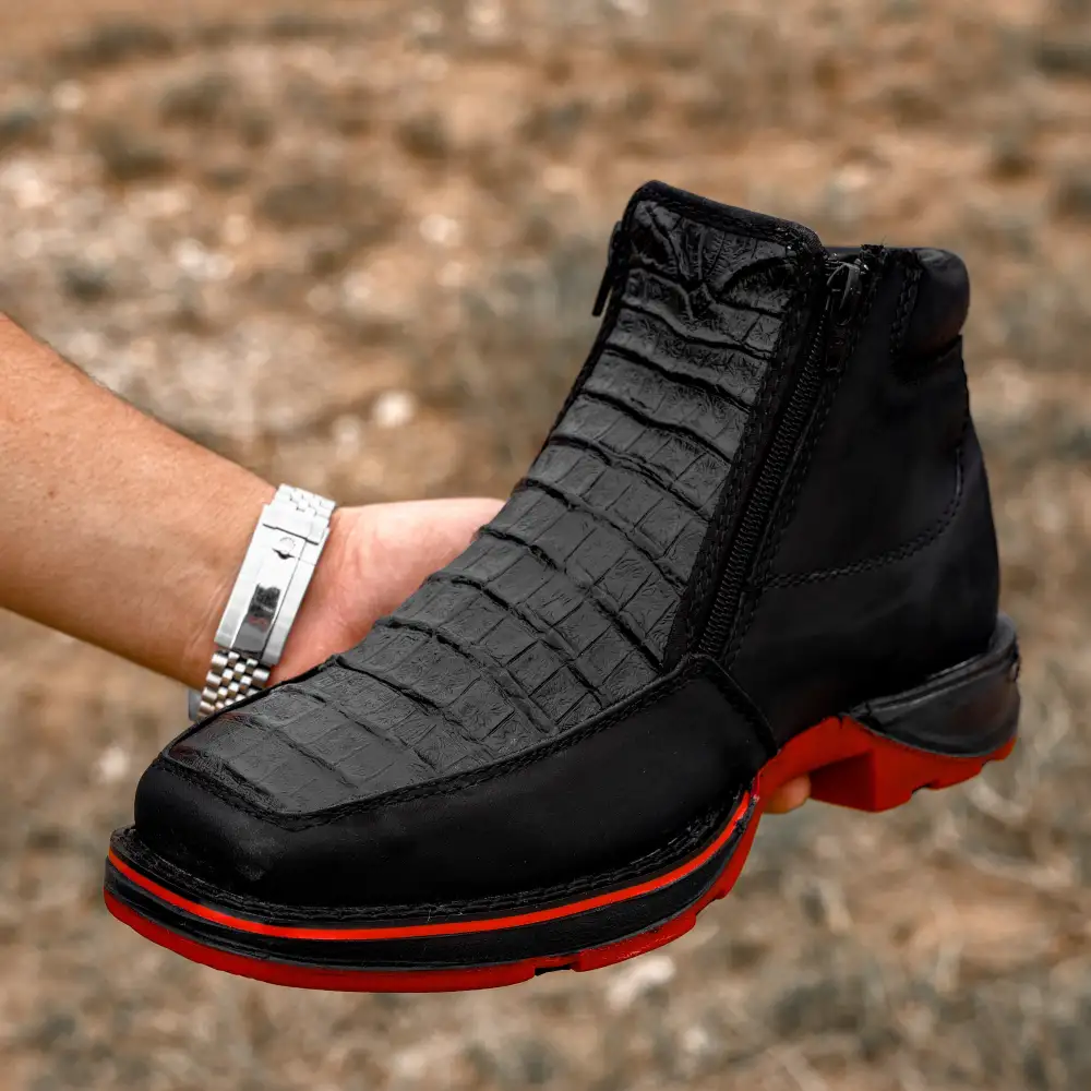 Black Caiman Belly Leather Botin With 3D Lightweight Soles - Square Toe