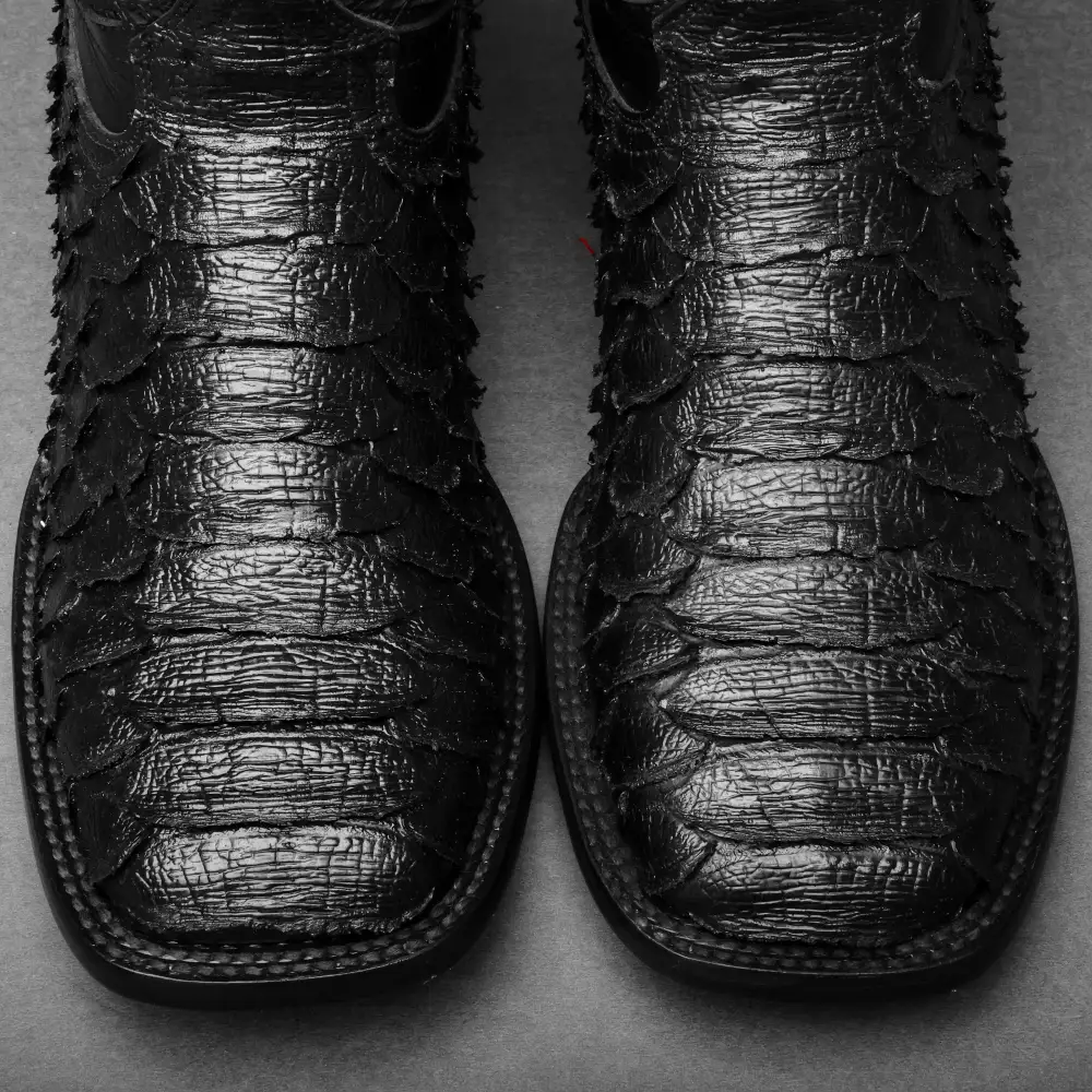 TOTAL BLACK Python Leather Boots - Square Toe