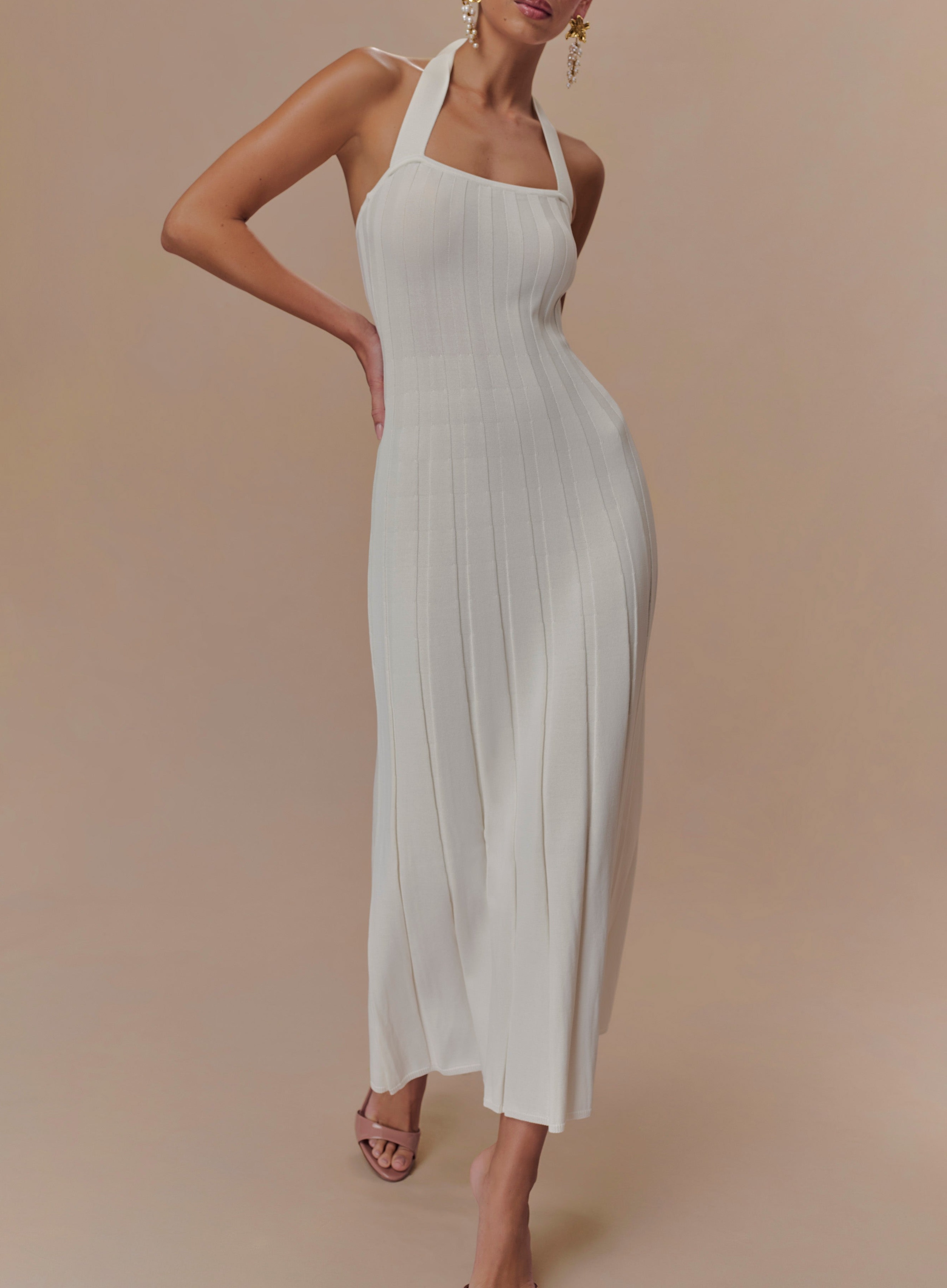 Ivory Halter Knit Midi Dress