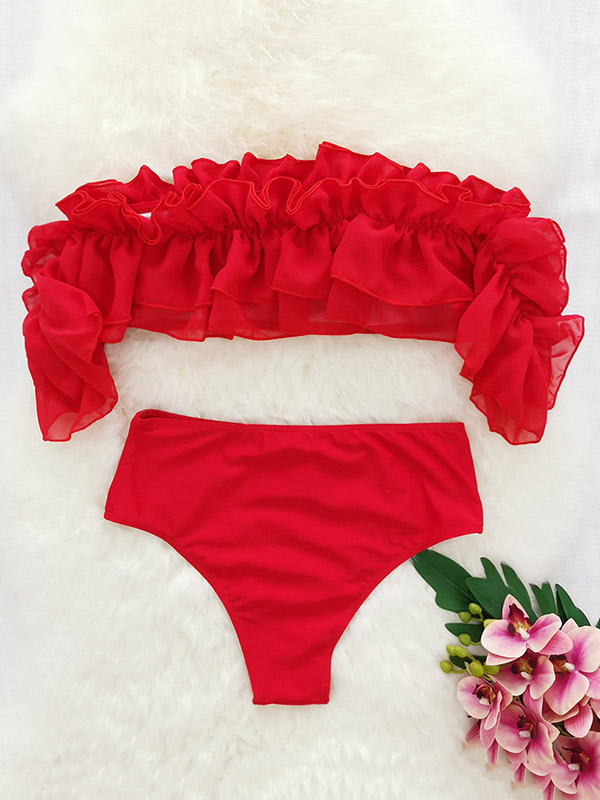 Off-The-Shoulder Falbala Padded Bralette High-Waisted Bikini Swimwear