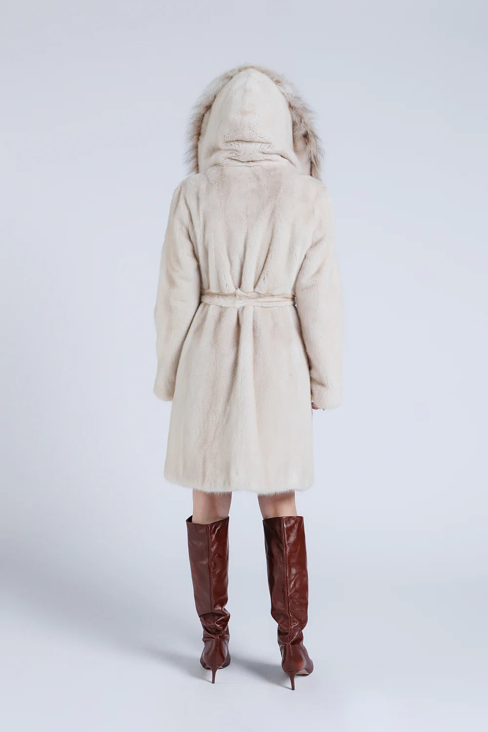 Haină din Blană Naturală de Vizon, cu Glugă din Blană Naturală de Lynx, Cordon din Blană, Femei, Pearl 199