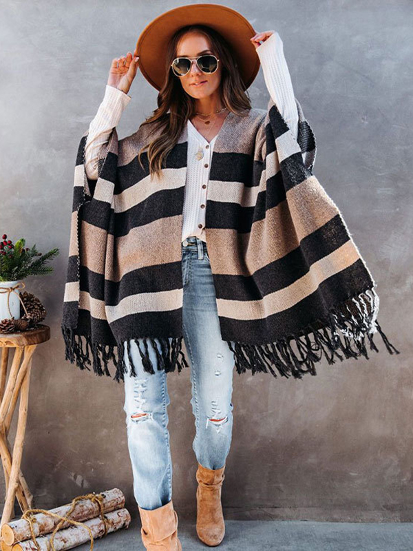 Original Striped Tasseled Shawl&Cloak