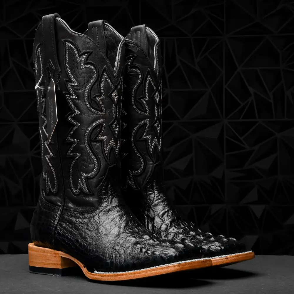 Black Caiman Neck Leather Boots - Square Toe