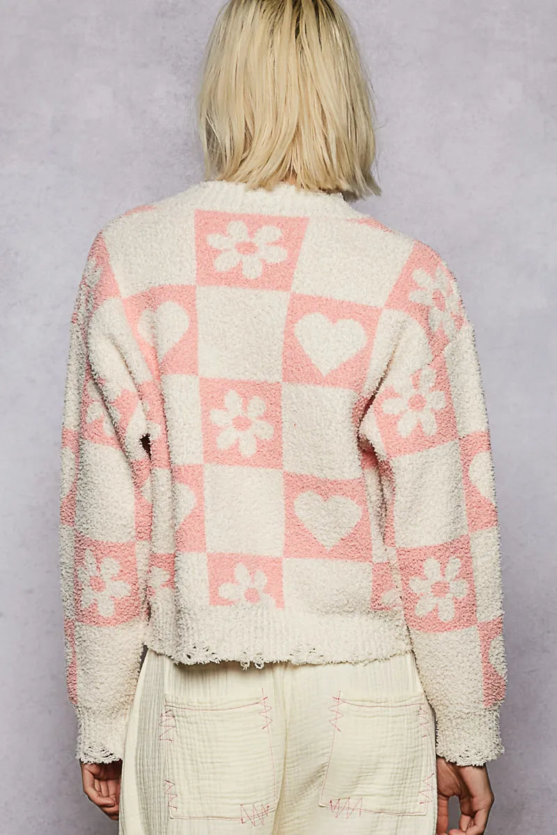 V-Neck Heart Pattern Checkered Sweater