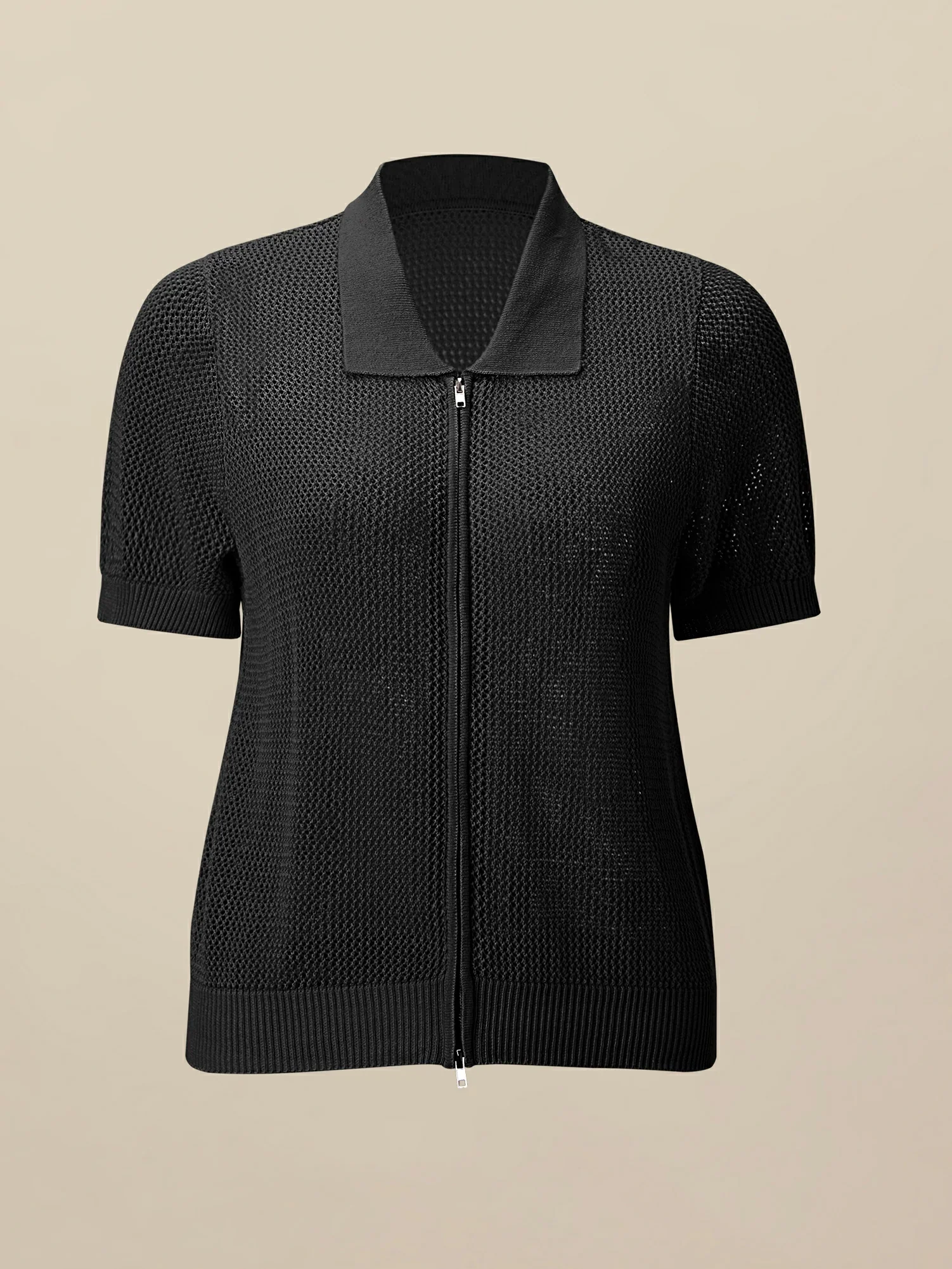 Linen & Lyocell V-Neck Short Sleeve Zipper Hollow Out Cardigan