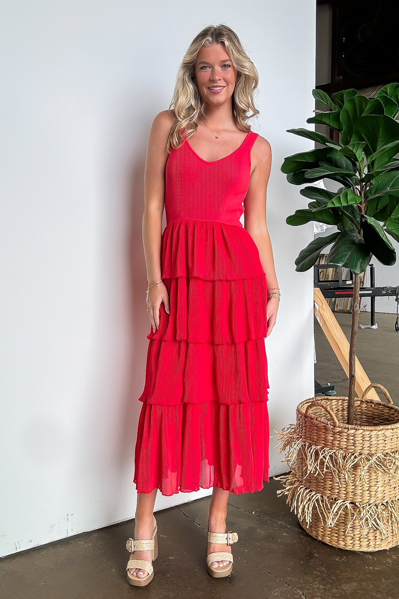 Pleated Tiered Midi Dress