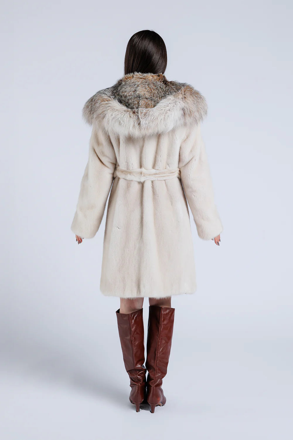 Haină din Blană Naturală de Vizon, cu Glugă din Blană Naturală de Lynx, Cordon din Blană, Femei, Pearl 199