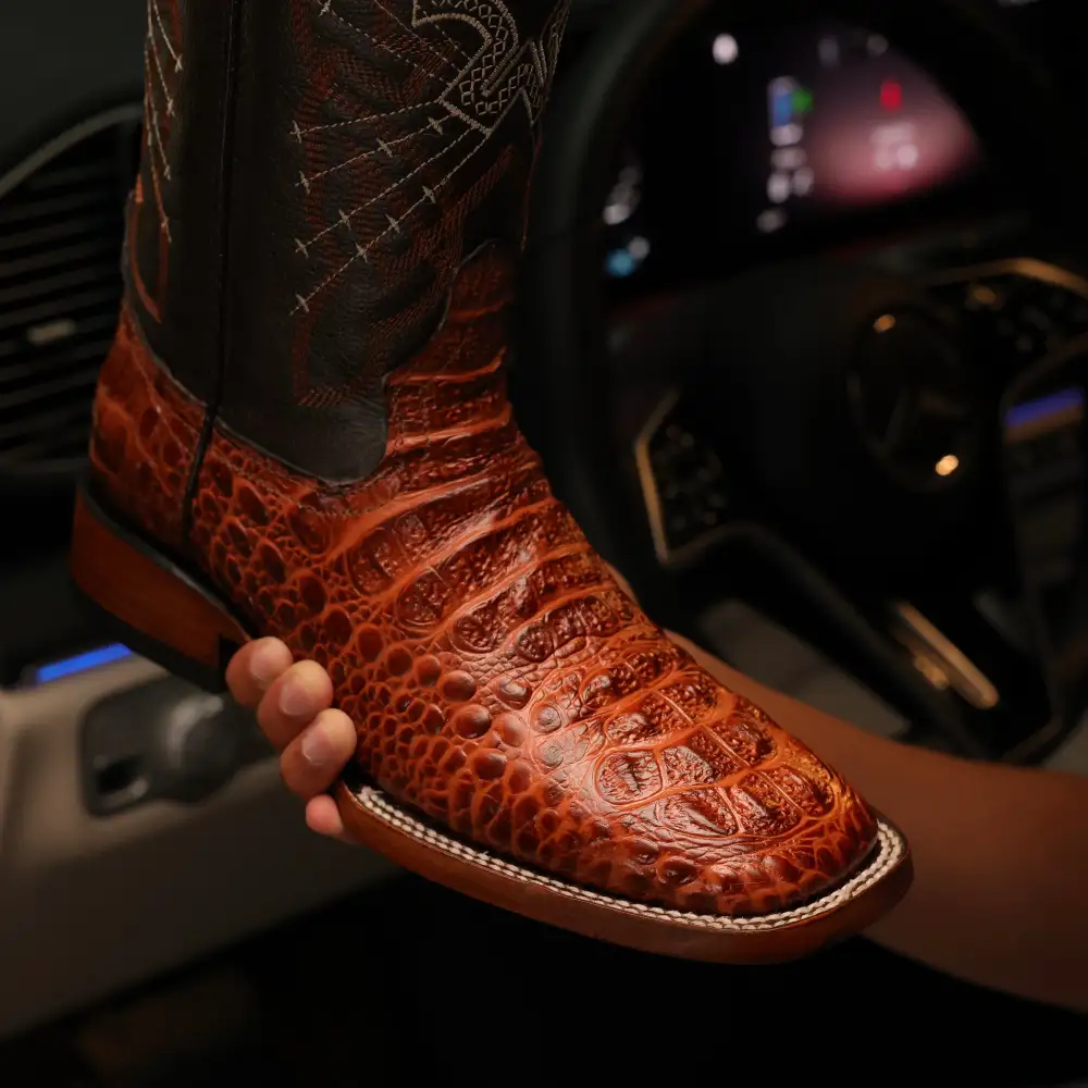 Cognac Caiman Neck Leather Boots - Square Toe