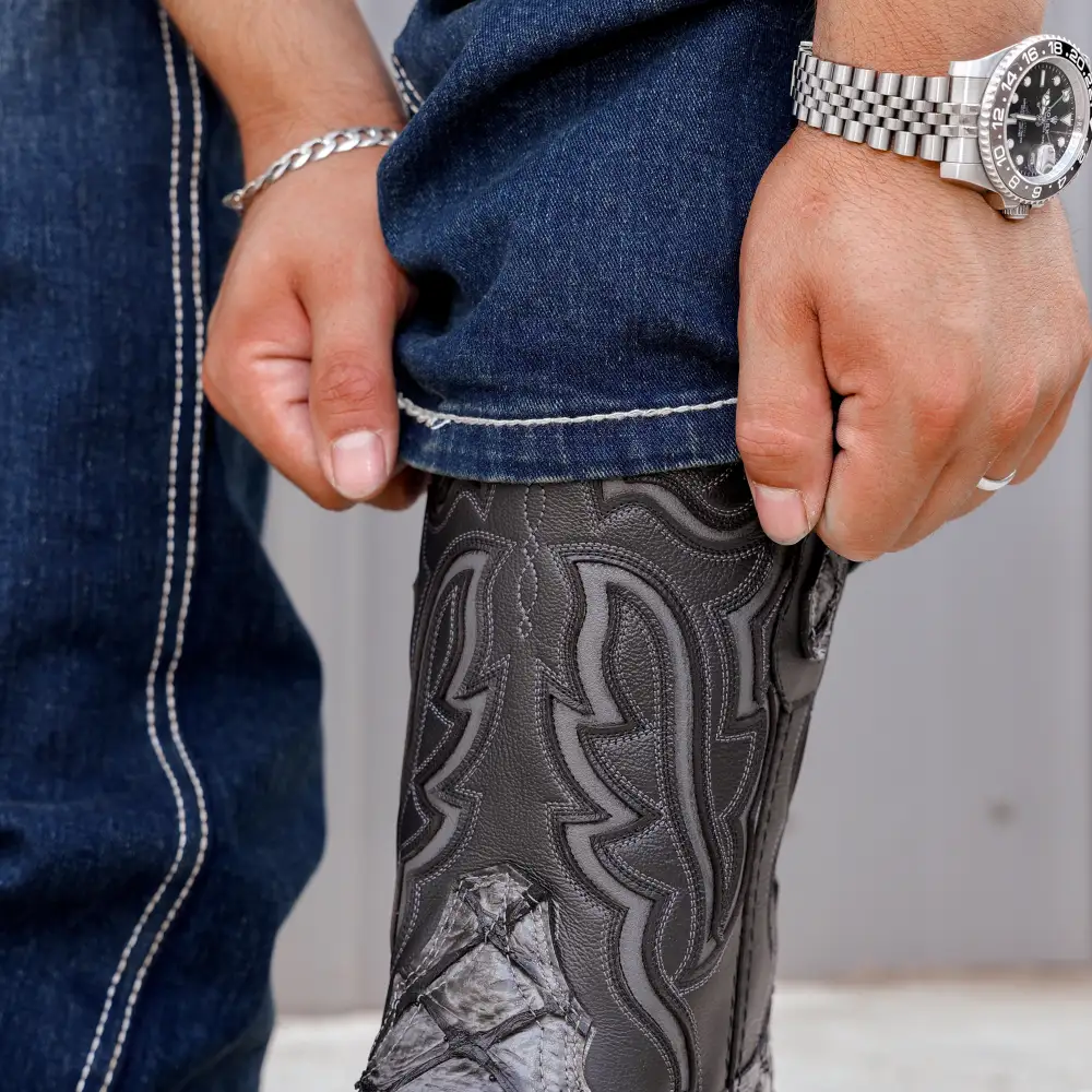 Midnight Grey Pirarucu Leather Boots - Square Toe