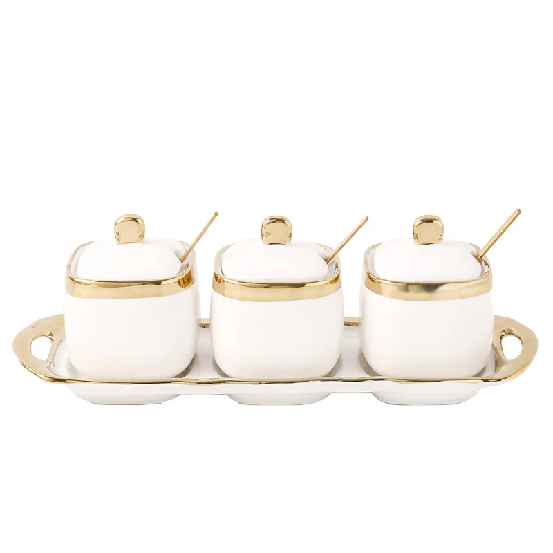 3PC Nordic Color-Glazed Ceramic-Gold Trim Serving Jars