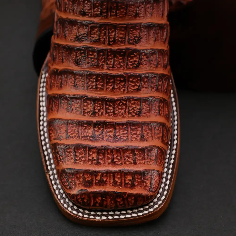 Cognac Caiman Back Leather Boots - Square Toe