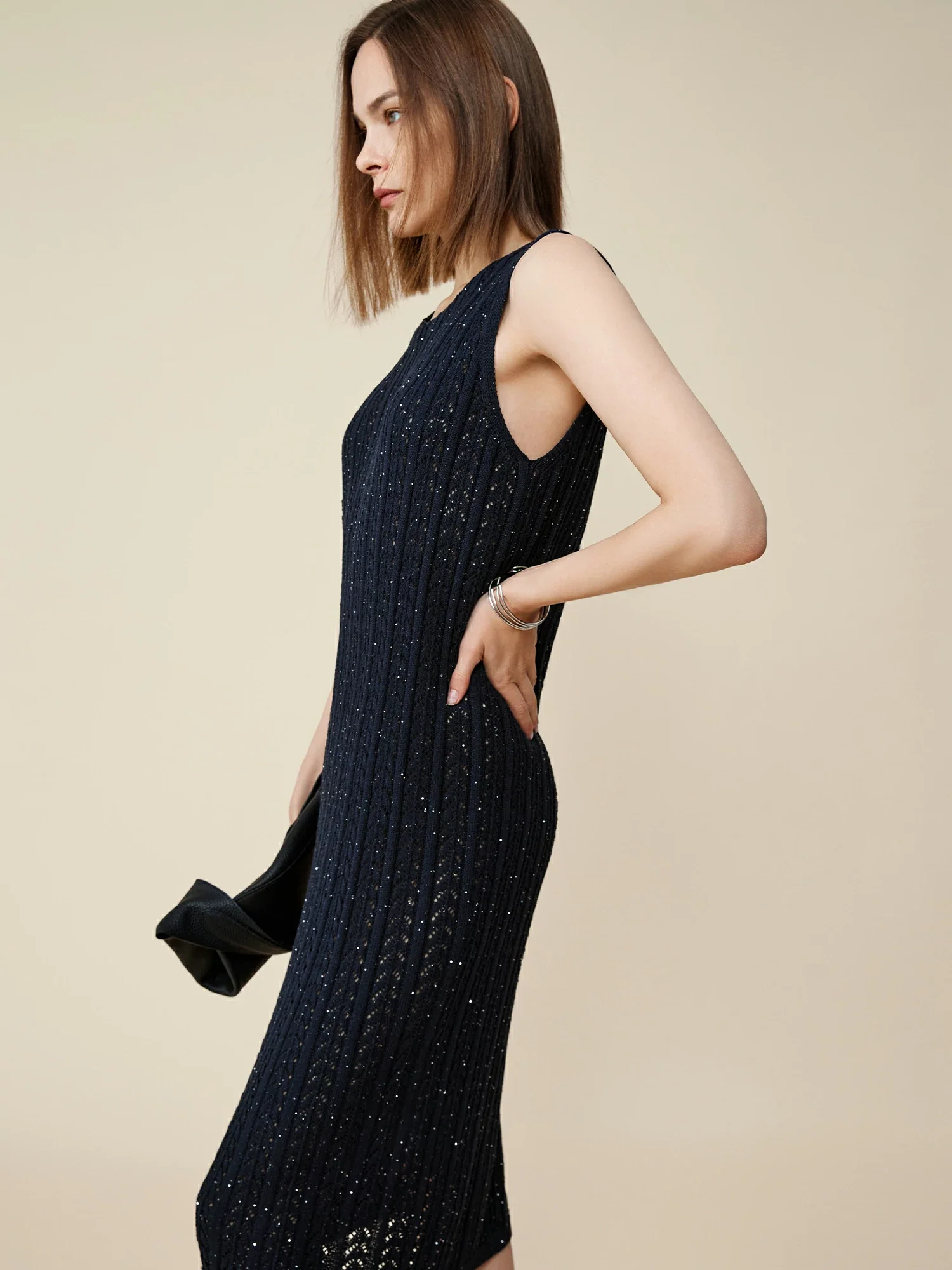 Lyocell Round Neck Sleeveless Sequined Dress