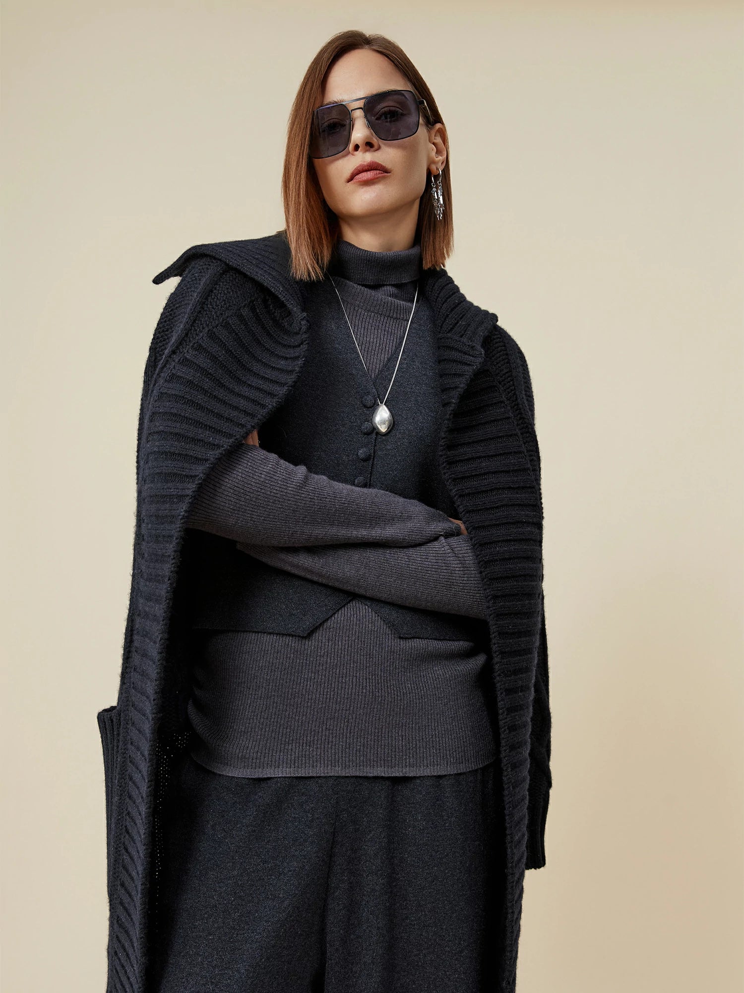 64% Wool Lapel Long Sleeve Knit Long Cardigan