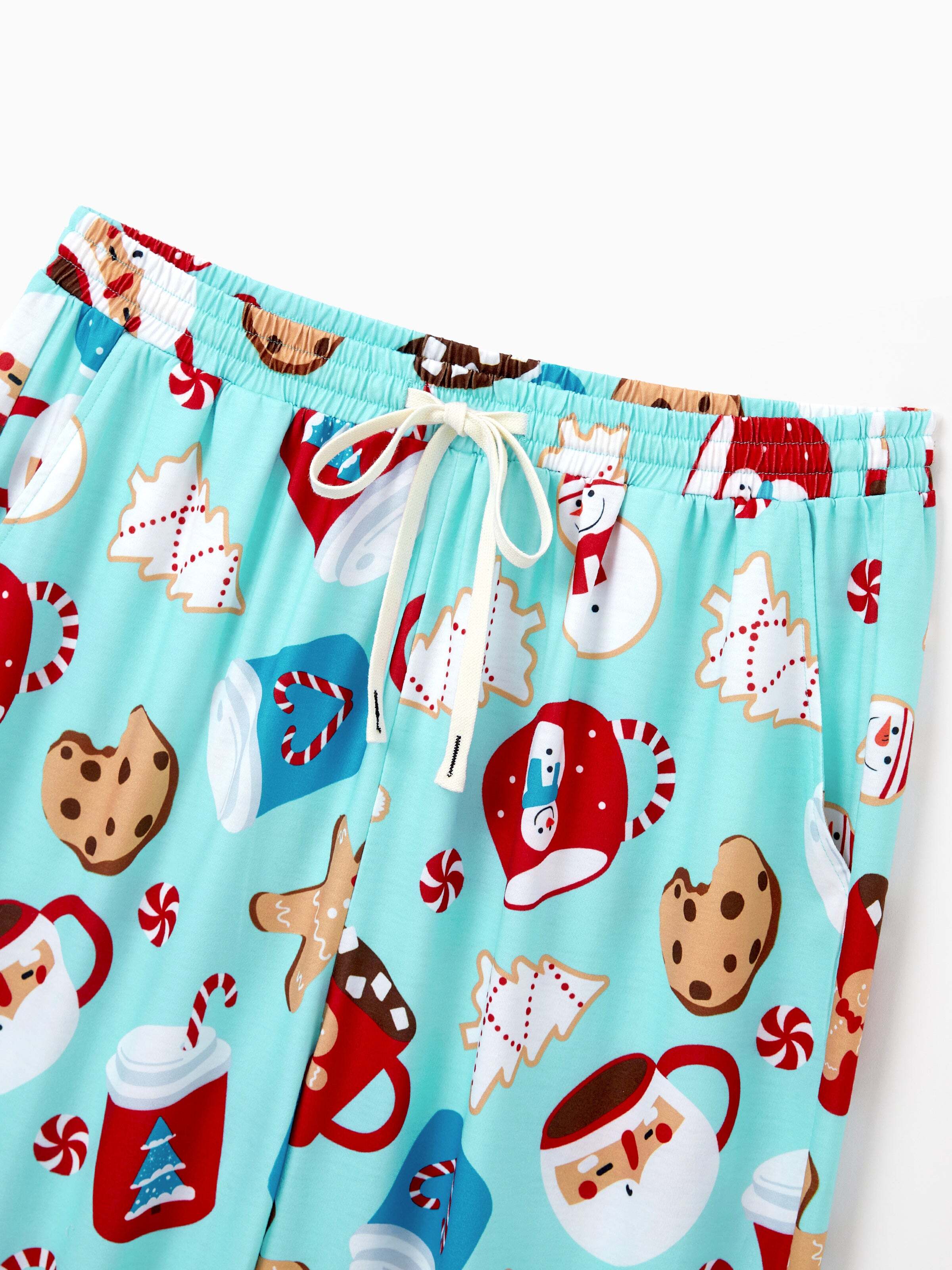 Christmas Matching Family Pajamas Set Gingerbread Print Blue and Red PJS with Christmas Socks Light Blue
