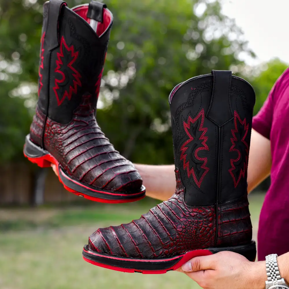 Black Cherry Caiman Belly Leather Boots With 3D Lightweight Sole - Composite Toe