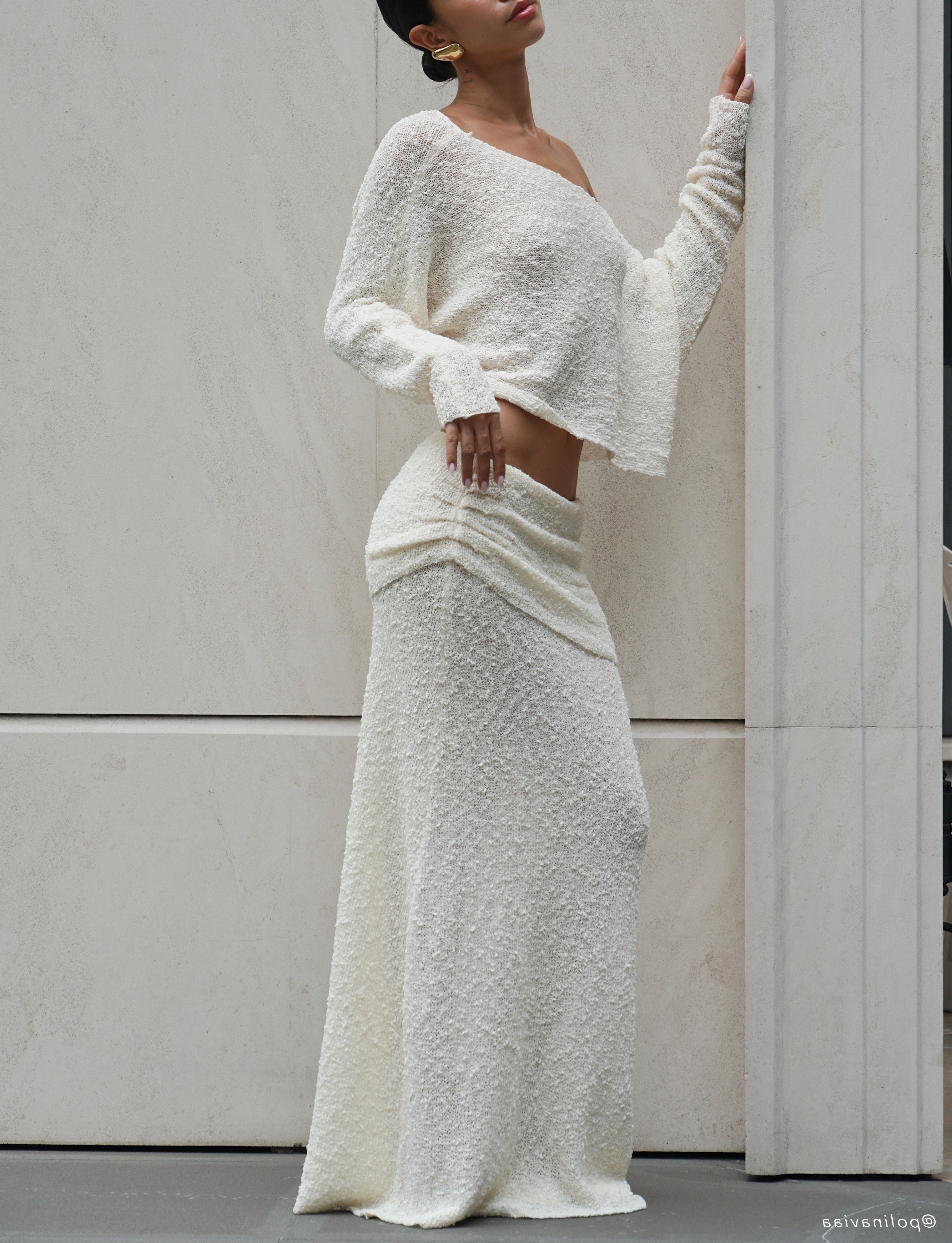 Ivory Ruched Knit Maxi Skirt