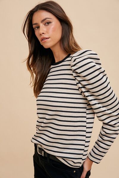 Wear Striped Round Neck Puff Sleeve French Terry Top