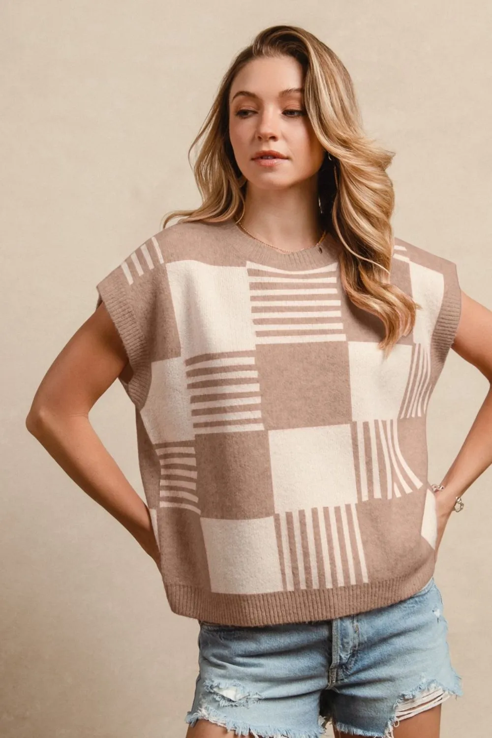 Checker With Stripes Pattern Sleeveless Sweater