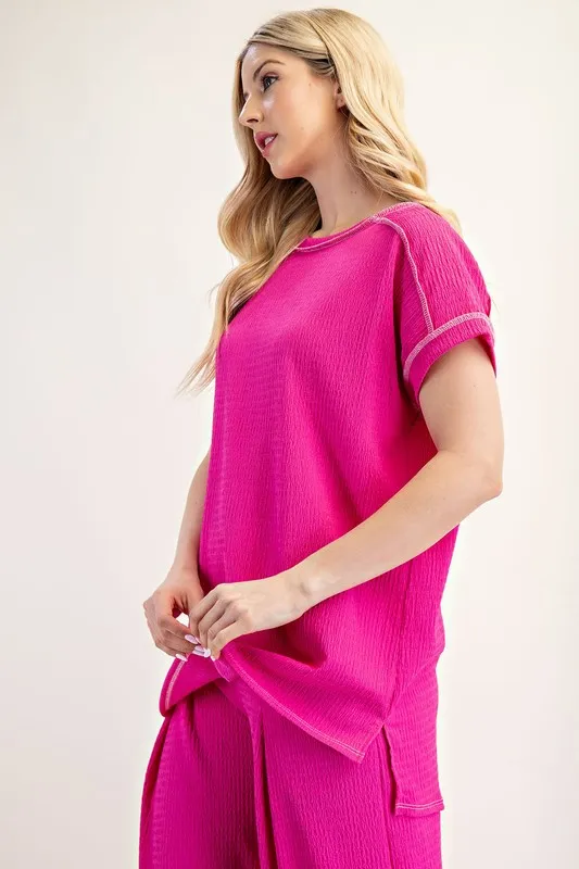 Celeste Full Size Relaxed-fit Textured Top with Short Sleeves Plus Size