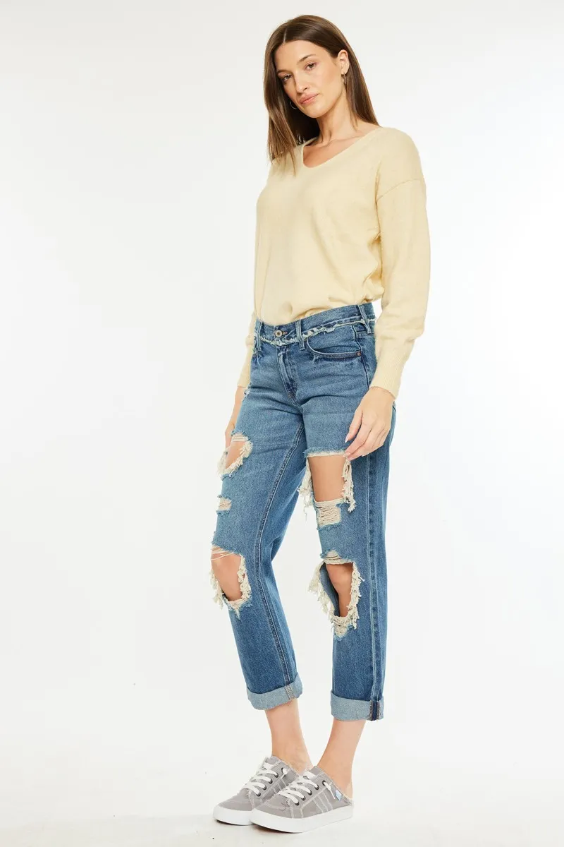 Distressed Mid Rise True Boyfriend Jeans
