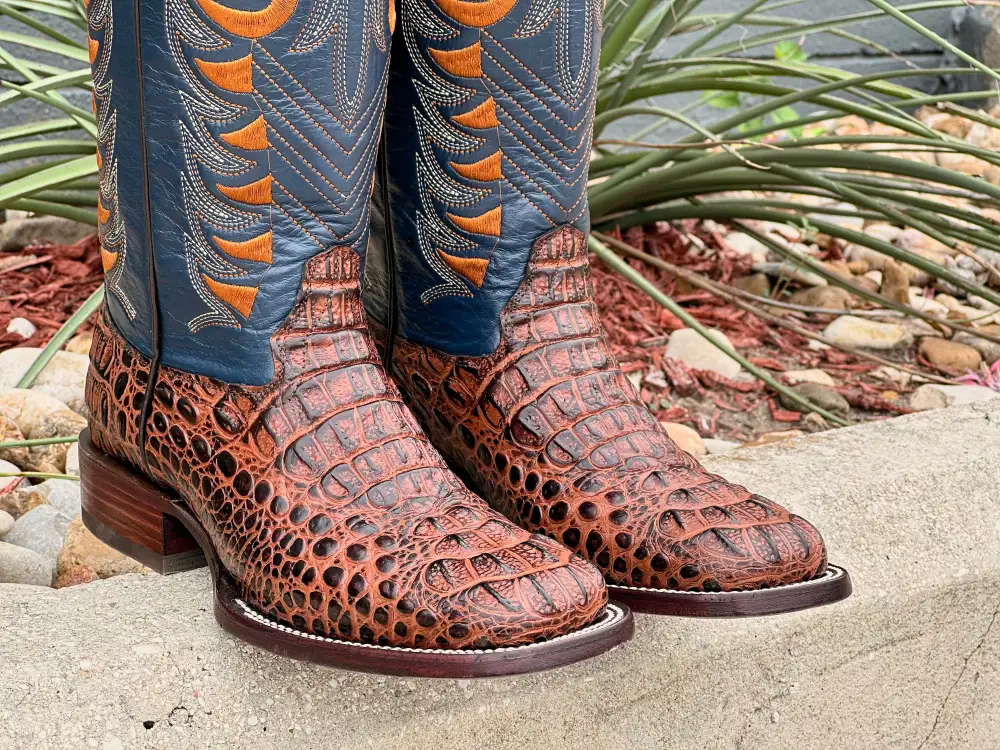 Mens Cognac Crocodile Leather Boots With Blue Shaft