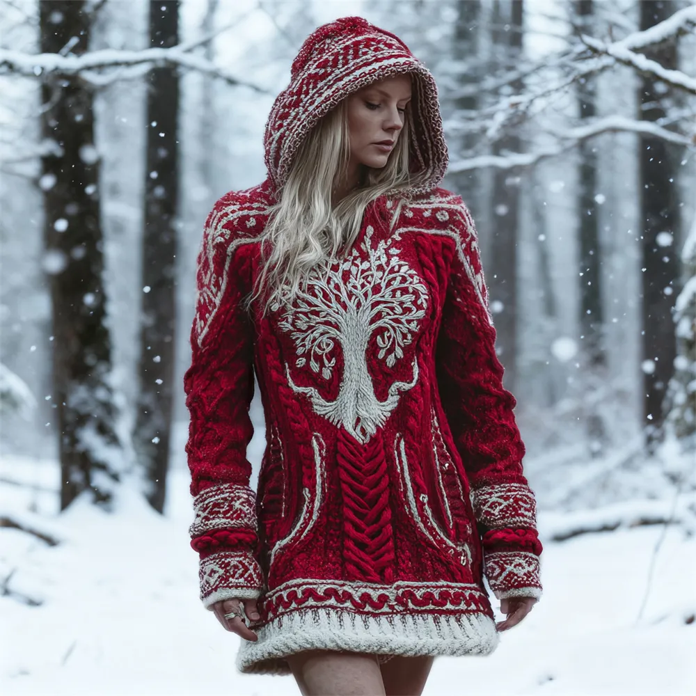 Christmas Viking Tree Of Life Women's Knit Hooded Mini Dress