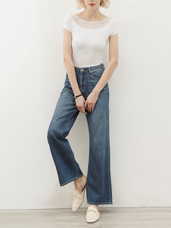 Gauze See-Through Split-Joint Short Sleeves Skinny Boat Neck T-Shirts