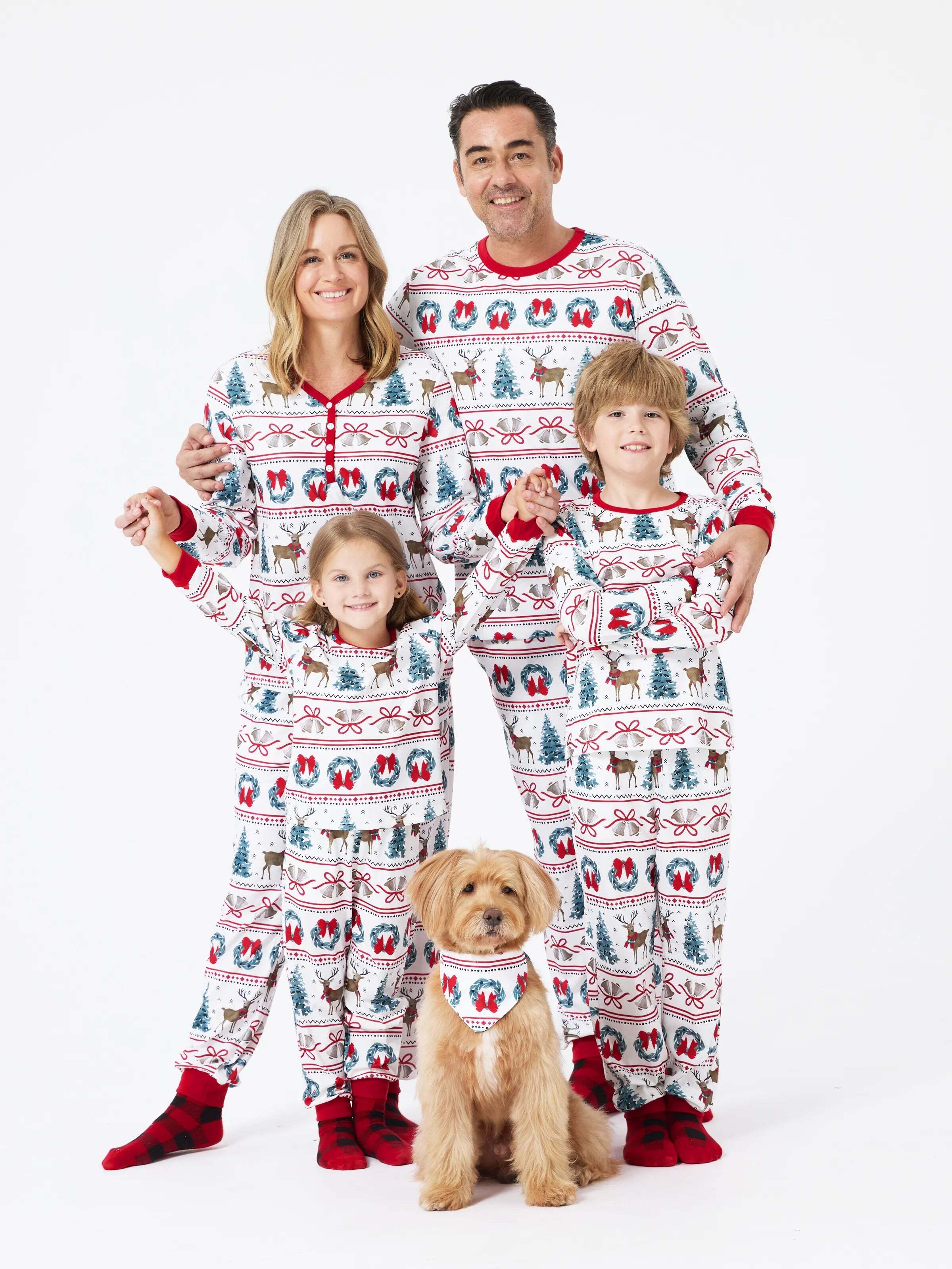 Christmas Matching Family Pajamas Set Christmas Elk and Bell Print Striped PJS with Christmas Socks White