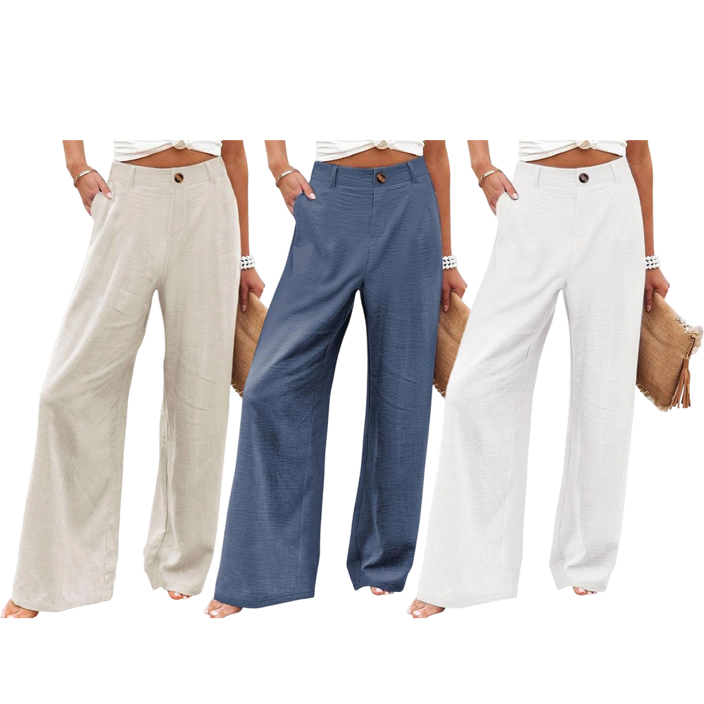 Womens Cotton Linen Pants Casual Button Up High Waisted Wide Leg Trousers Wideleg Loose Womenswear Apricot