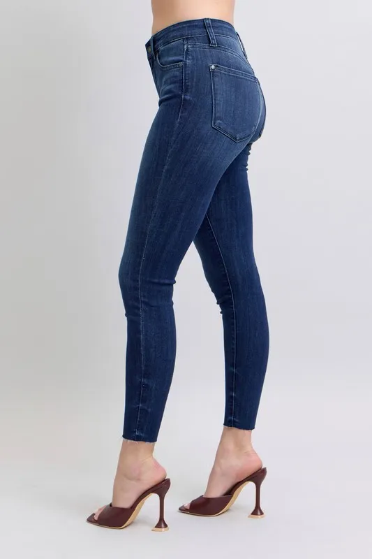 Blue Full Size Mid Rise Skinny Jeans with Raw Hem Plus Size