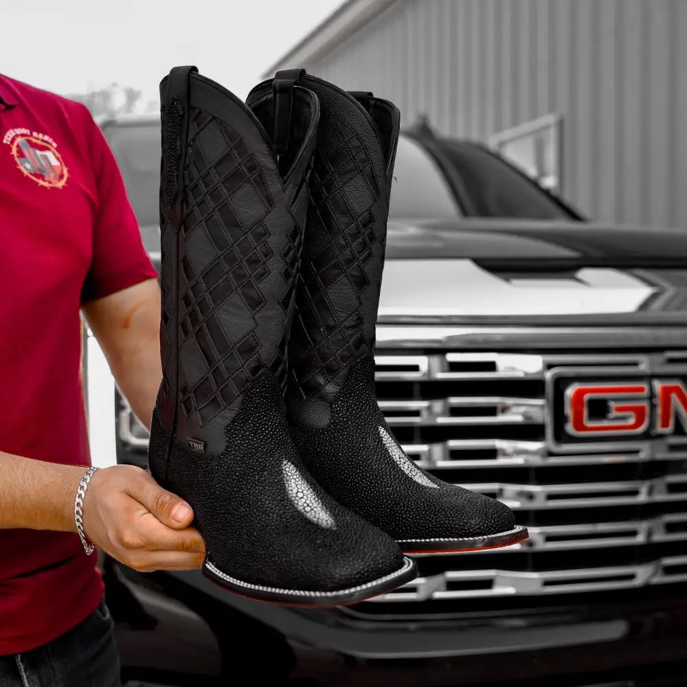 Black Stingray Leather Boots - Square Toe