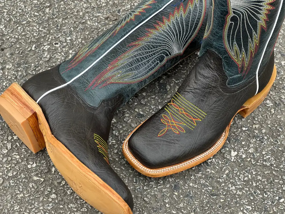 Men’s Black Shoulder Leather Boots With Navy Blue Shaft