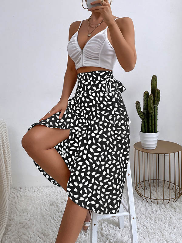 Printed Split-Front Tied Waist A-Line High-Low Skirts Bottoms