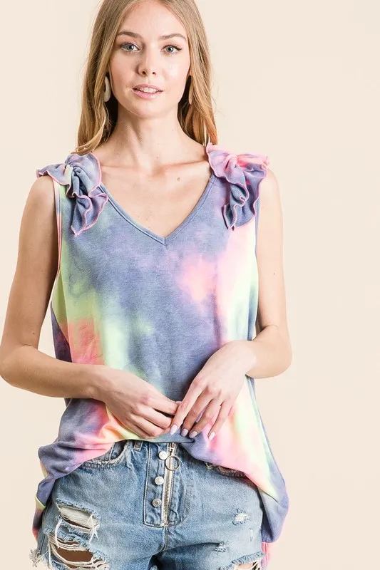 Tie Dye French Terry V Neck Top with Ruffle