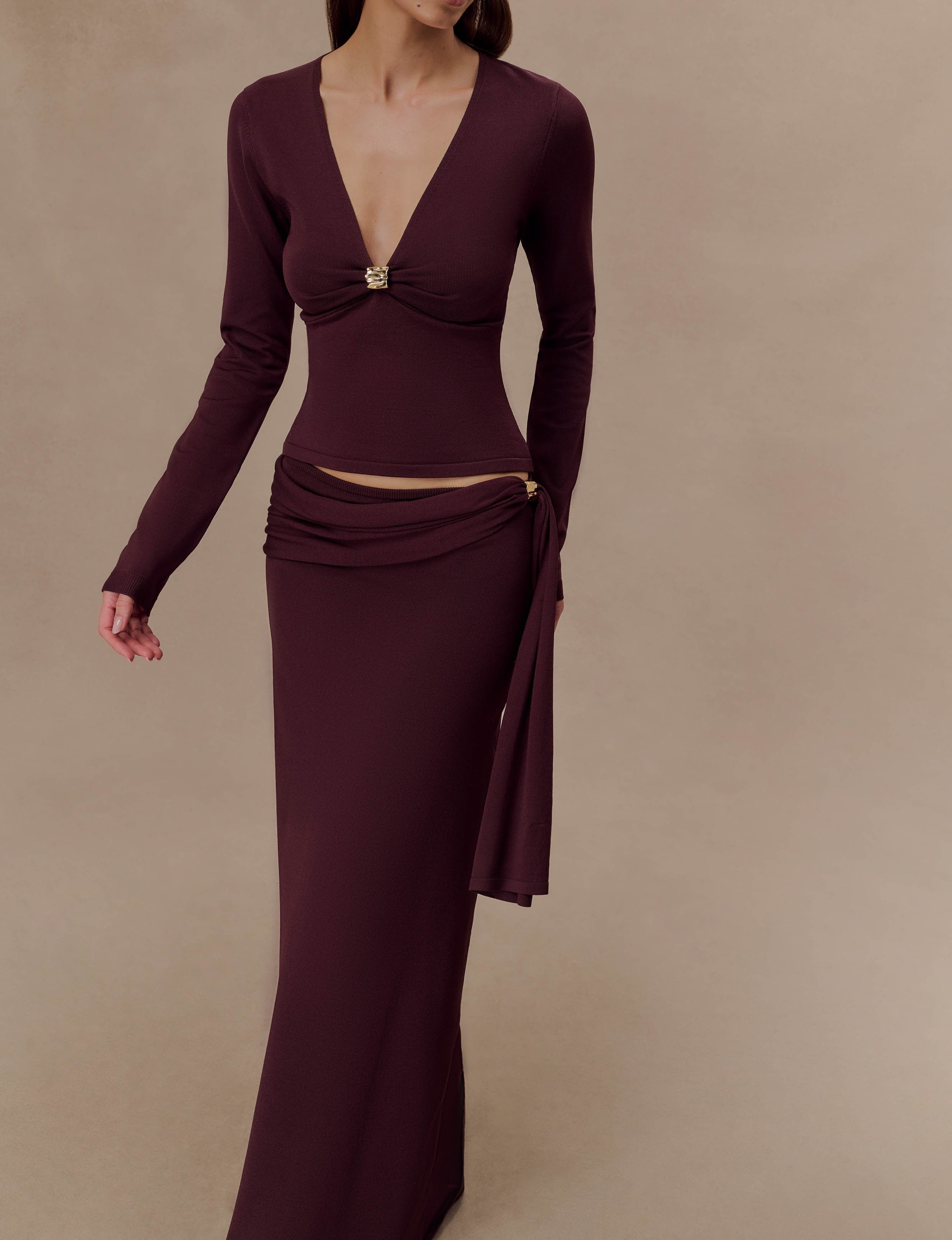 Chocolate Front Ruched Knit Long Sleeve Top