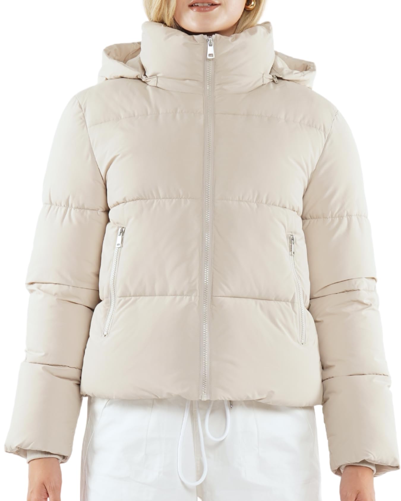 WarmCore Premium Short Puffer Jackets with Removable Hood & Optional Faux Fur Linging, Lady Casual Outerwear Longsleeves Zip Pockets Warm Quilted Coat