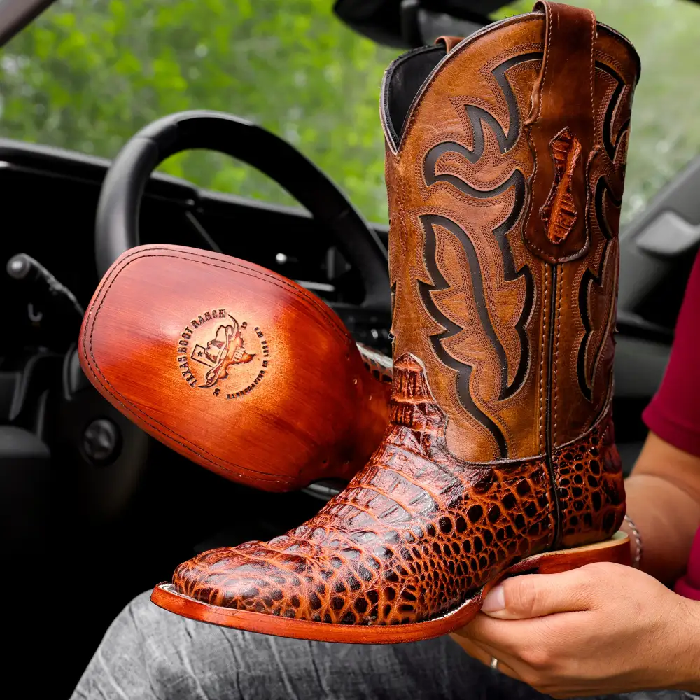 Cognac Caiman Neck Leather Boots - Square Toe